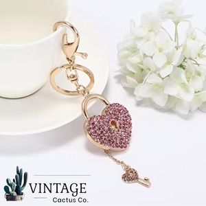New! Rhinestone Heart Lock & Key Bag Charm/Keychain (Pink w/Gold Tone Hardware